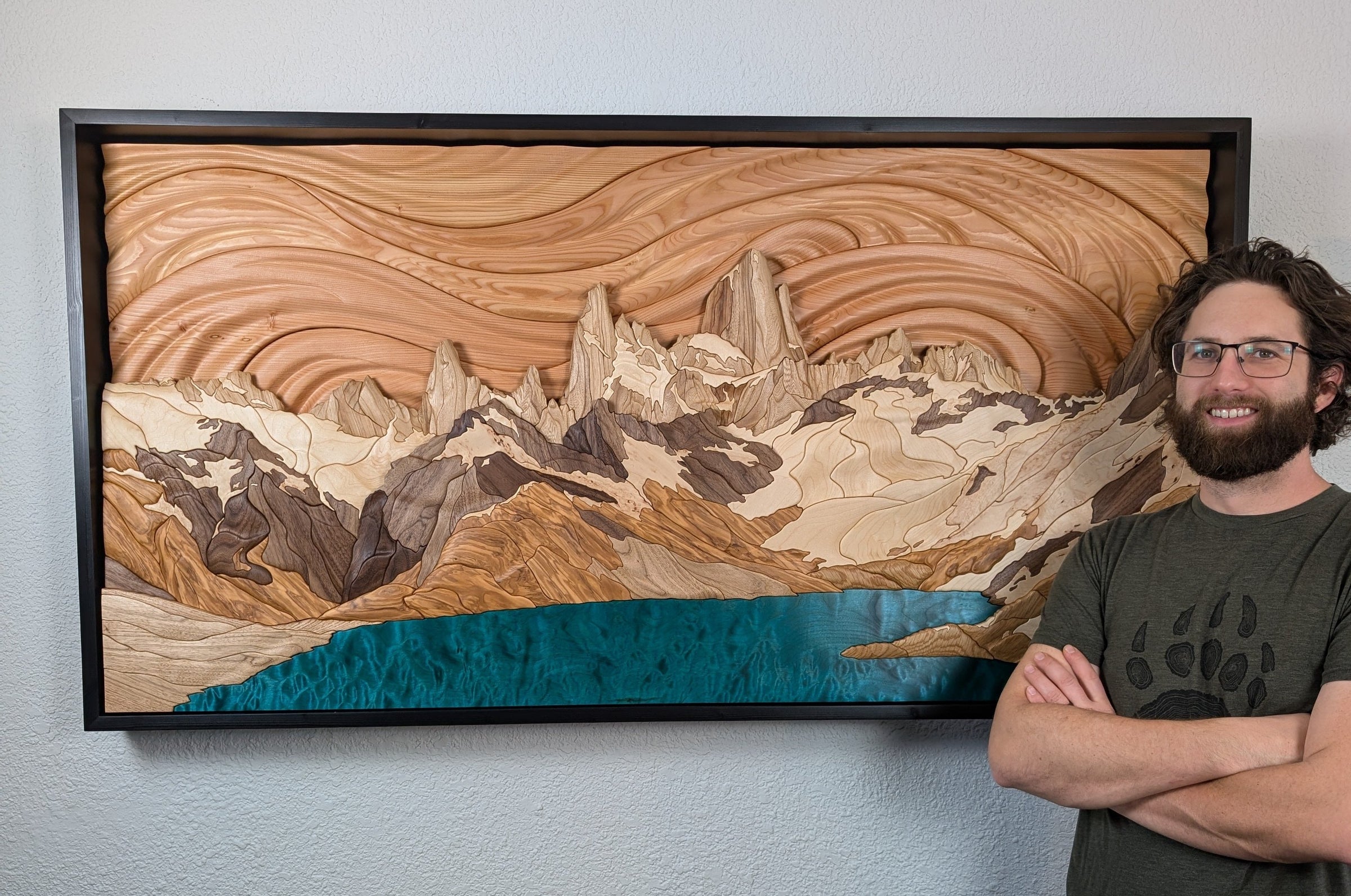 Large wood art of Mount Fitz Roy in Patagonia by Alex Jepson, showcasing expert craftsmanship and intricate nature-inspired design. Perfect for luxury homes and art collectors seeking exclusive, hand-crafted mountain artwork.