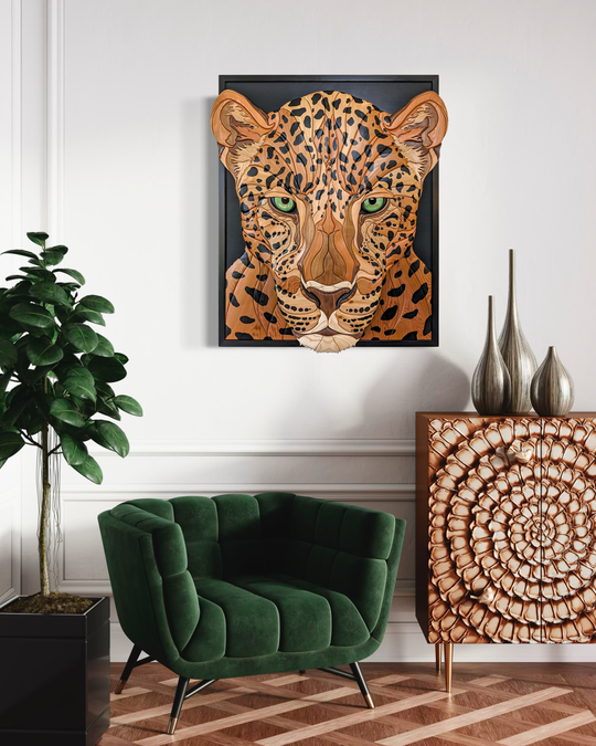 Jaguar wood sculpture by Alex Jepson, placed in luxury interior, showcasing nature-inspired artistry and fine craftsmanship.