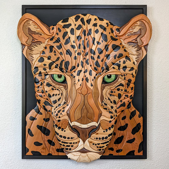 Full view of jaguar wood sculpture by Alex Jepson, showcasing nature-inspired design and luxury craftsmanship.