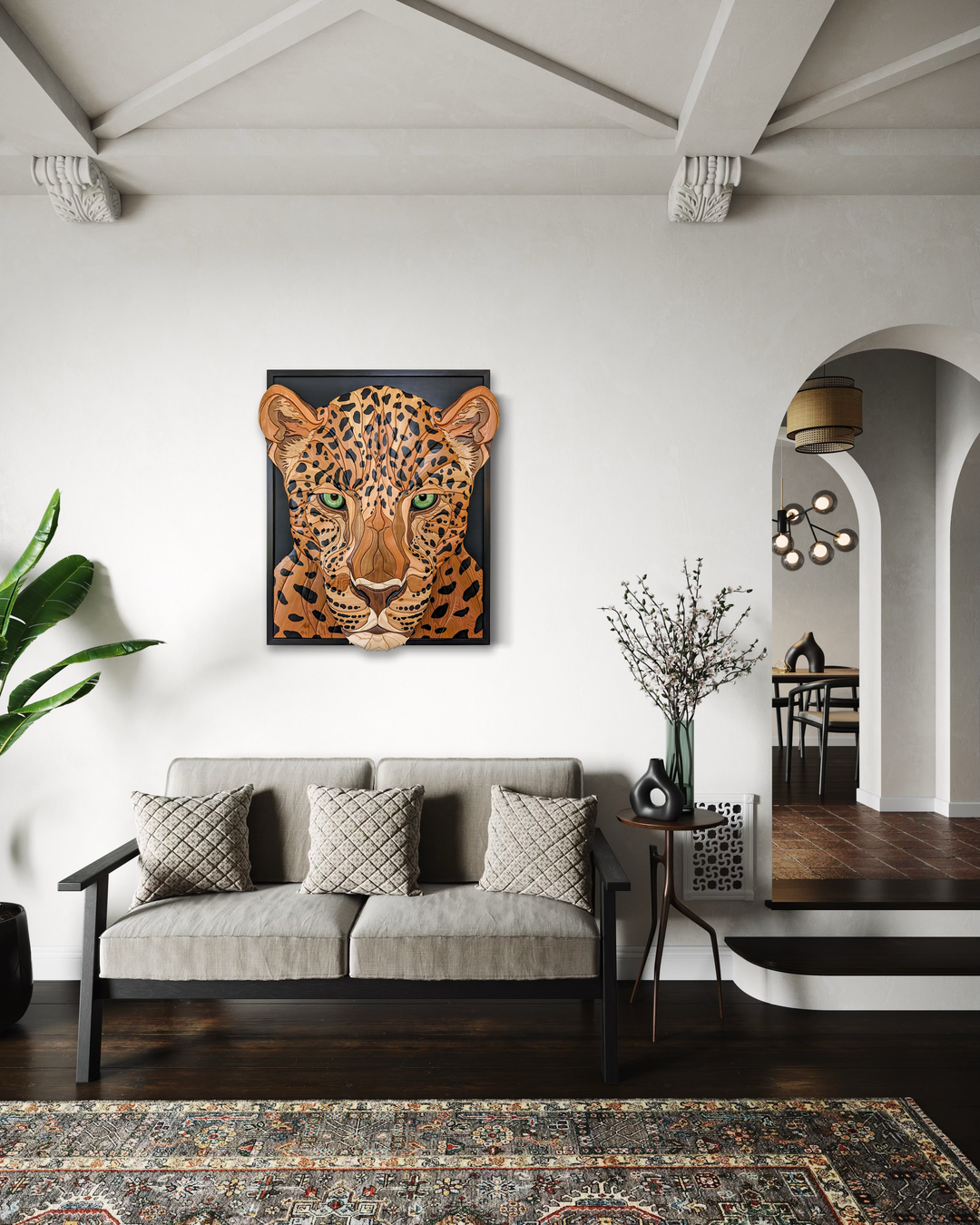 Jaguar wood sculpture by Alex Jepson, displayed in luxurious home setting, emphasizing high-end craftsmanship and nature-inspired art.
