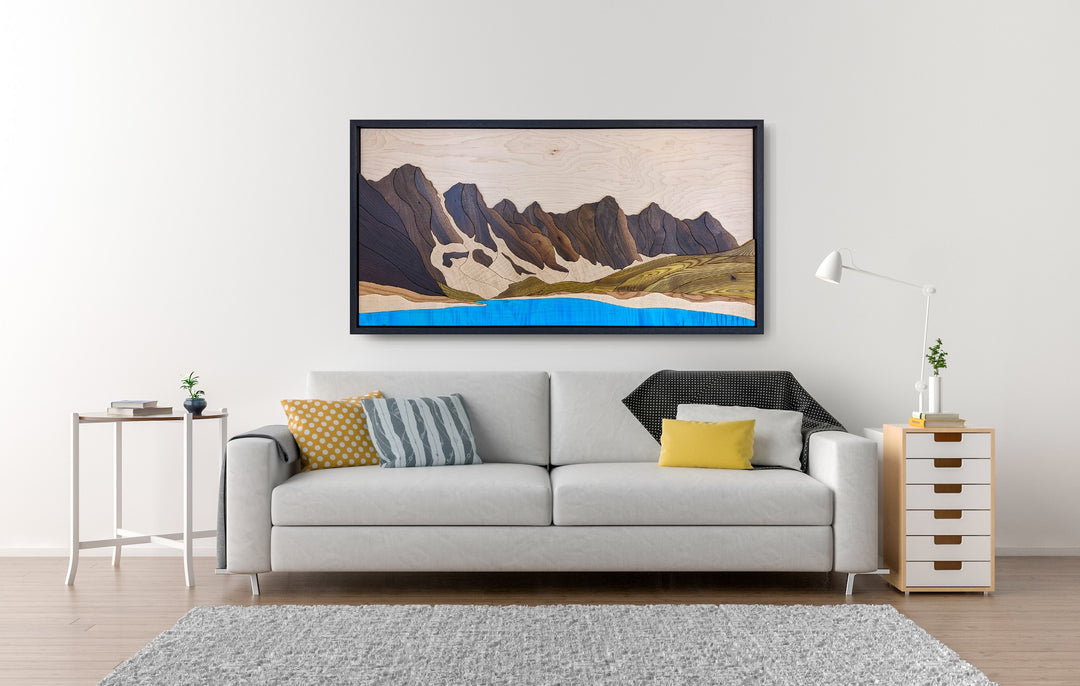 Moraine Lake Banff wood sculpture by Alex Jepson in a luxurious home interior, enhancing the space with nature-inspired beauty and fine artistry.