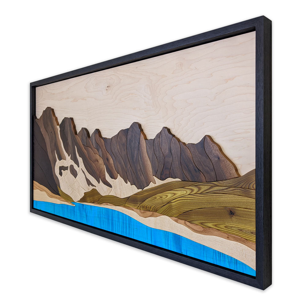 Stunning view of Moraine Lake Banff wood sculpture by Alex Jepson, capturing the beauty of the mountains and fine craftsmanship.