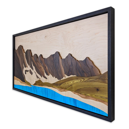 Stunning view of Moraine Lake Banff wood sculpture by Alex Jepson, capturing the beauty of the mountains and fine craftsmanship.