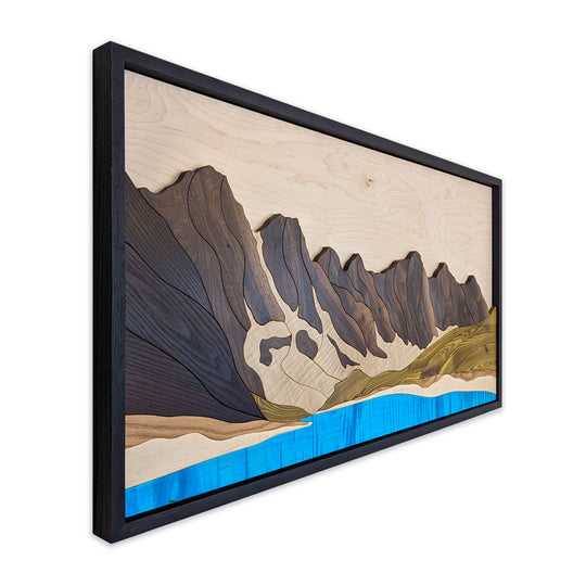 Another angle of Moraine Lake Banff wood sculpture by Alex Jepson, emphasizing nature-inspired design and high-quality wood carving techniques.