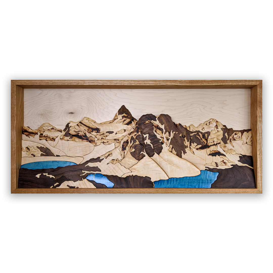 Full view of Mount Assiniboine 3D wood sculpture by Alex Jepson, showcasing intricate mountain details and luxury craftsmanship inspired by Banff's iconic landscape.