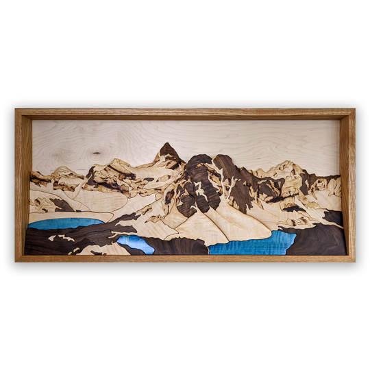Full view of Mount Assiniboine 3D wood sculpture by Alex Jepson, showcasing intricate mountain details and luxury craftsmanship inspired by Banff's iconic landscape.