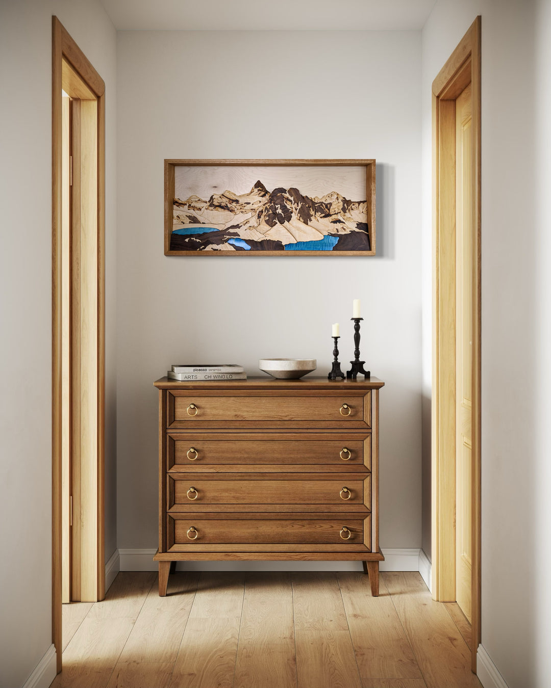 Mount Assiniboine 3D wood sculpture by Alex Jepson displayed in luxury home setting, showcasing high-end craftsmanship and the beauty of Banff’s landscape.