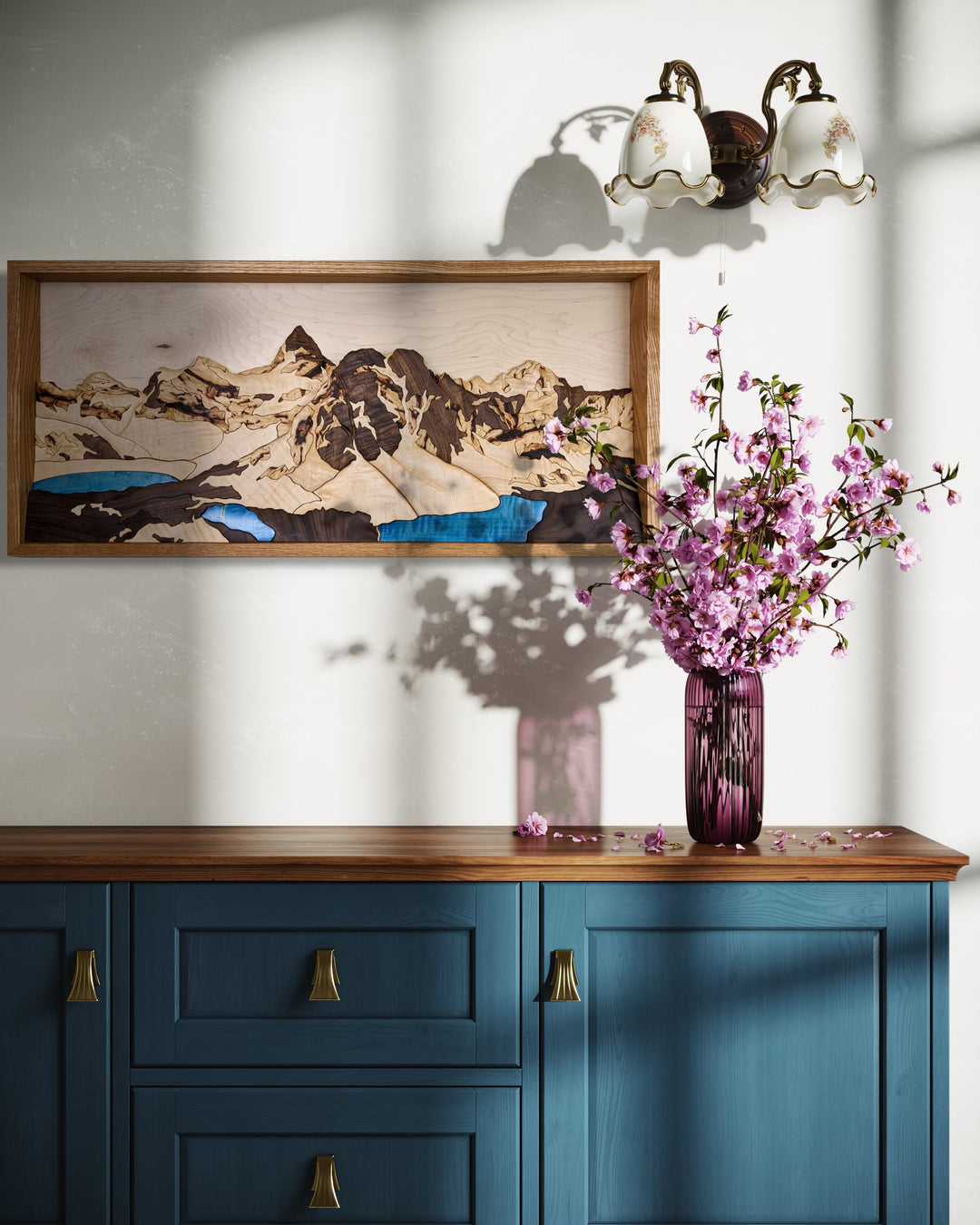 Mount Assiniboine 3D wood sculpture by Alex Jepson in a luxury interior, emphasizing the high-quality craftsmanship and natural mountain design inspired by Banff.