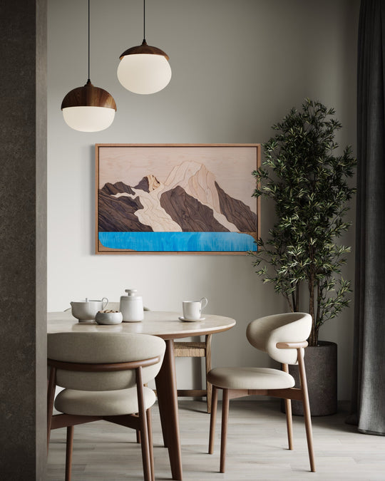 Mount Robson and Berg Lake wood art displayed in a luxurious home setting, showcasing detailed craftsmanship and premium artistry. A one-of-a-kind nature-inspired sculpture perfect for collectors seeking exclusive, high-end art pieces.