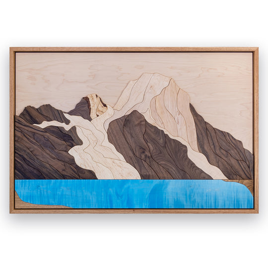 Full view of Mount Robson and Berg Lake wood sculpture by Alex Jepson, showcasing intricate mountain details and exceptional craftsmanship.