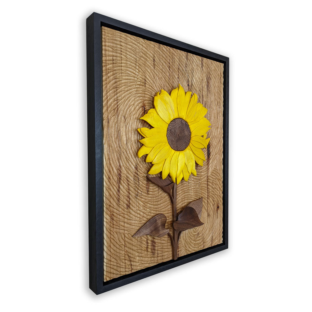 Starry Night Sunflower wood sculpture by Alex Jepson, featuring detailed craftsmanship and nature-inspired design with intricate textures and vibrant colors.