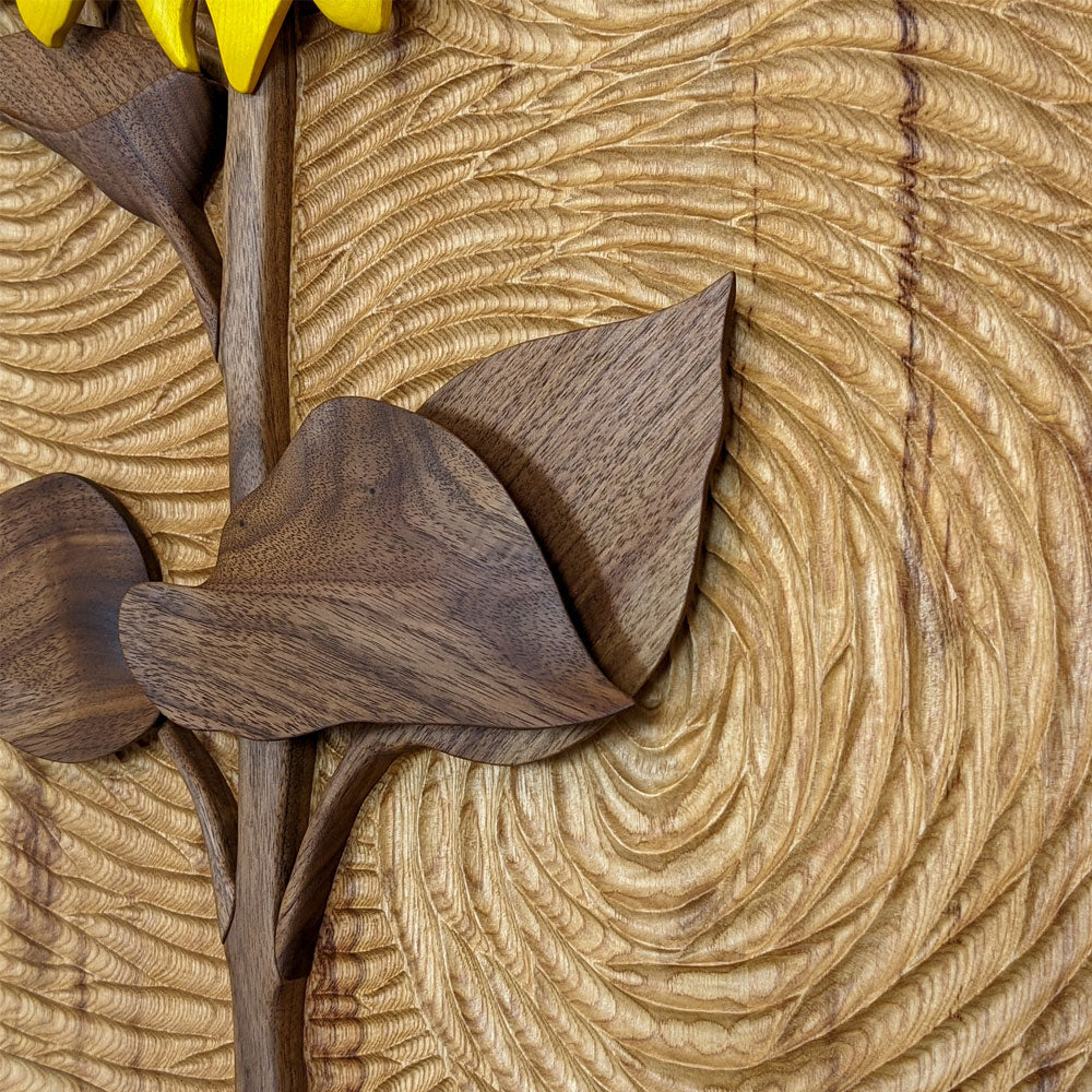 Detailed view of Starry Night Sunflower wood sculpture by Alex Jepson, emphasizing the fine craftsmanship and vibrant texture of the sunflower-inspired piece.