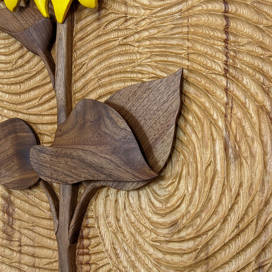 Detailed view of Starry Night Sunflower wood sculpture by Alex Jepson, emphasizing the fine craftsmanship and vibrant texture of the sunflower-inspired piece.