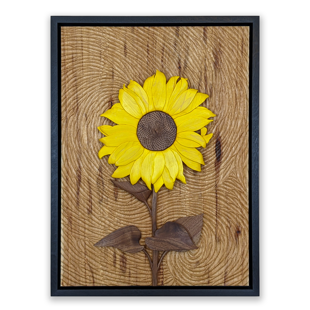 Full view of Starry Night Sunflower wood sculpture by Alex Jepson, showcasing intricate carving and vibrant textures inspired by nature’s beauty.