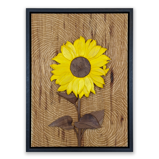 Full view of Starry Night Sunflower wood sculpture by Alex Jepson, showcasing intricate carving and vibrant textures inspired by nature’s beauty.