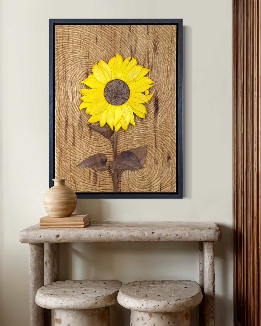 Starry Night Sunflower wood sculpture by Alex Jepson displayed in a luxury home setting, showcasing vibrant nature-inspired artistry and expert craftsmanship in upscale décor.