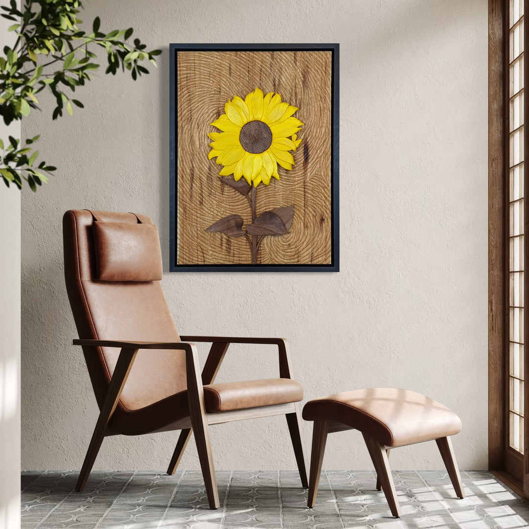 Starry Night Sunflower wood sculpture by Alex Jepson displayed in a luxury home, highlighting expert craftsmanship and vibrant, nature-inspired design for upscale spaces.