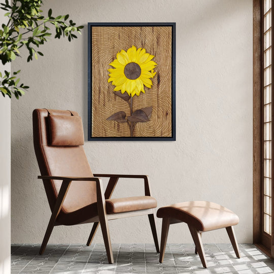 Starry Night Sunflower wood sculpture by Alex Jepson displayed in a luxury home, highlighting expert craftsmanship and vibrant, nature-inspired design for upscale spaces.