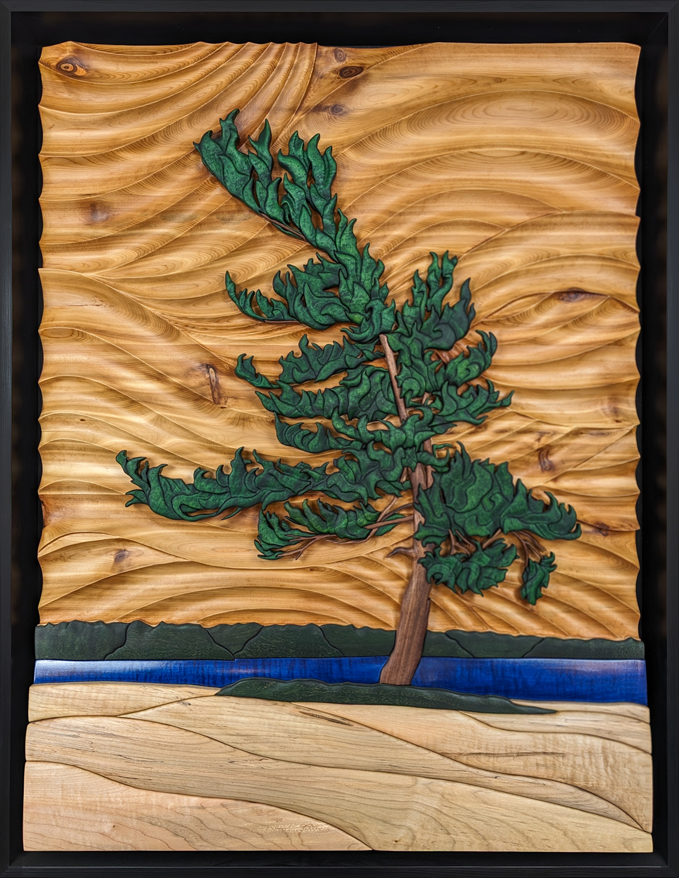 The Windswept Pine wood sculpture by Alex Jepson, showcasing intricate craftsmanship and natural beauty, featured as a centerpiece for luxury home decor.






